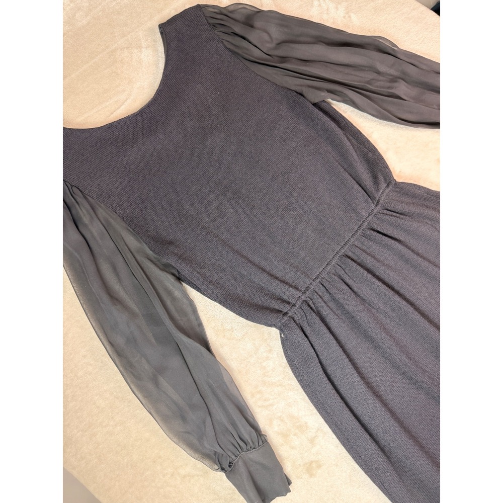 Vintage St John By Marie Gray Knit Sheer Sleeve Black Sheath Dress Size 10 - Picture 2 of 8